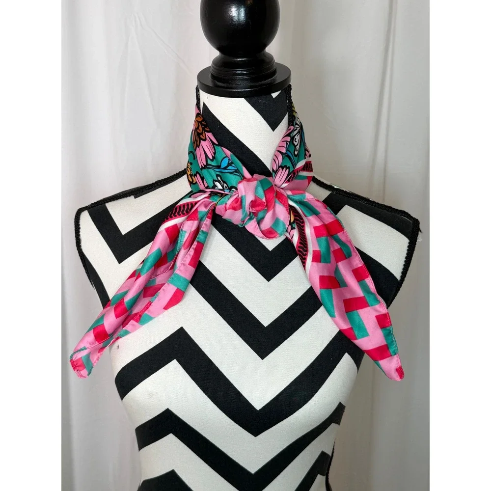 Zara Floral Geometric Square Scarf Pink Teal Green Silk Feel Neckerchief 26x28.5